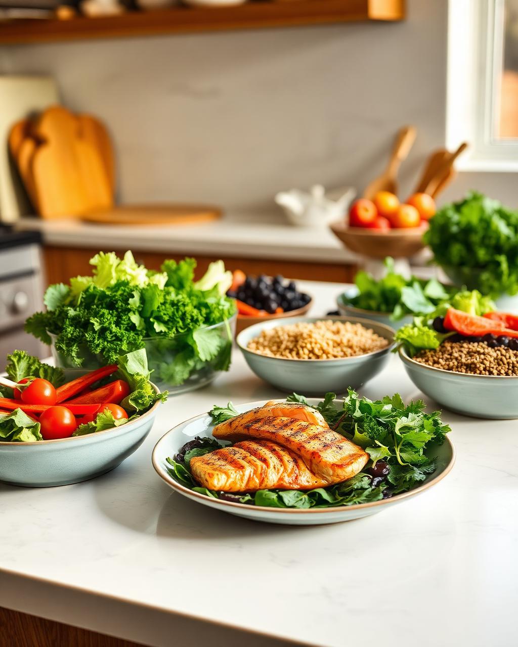 Healthy balanced meal with vegetables, protein and whole grains